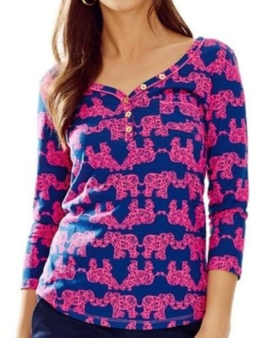 Lilly Pulitzer Palmetto Three Quarter Sleeve Top Pack Your Trunk Print Small